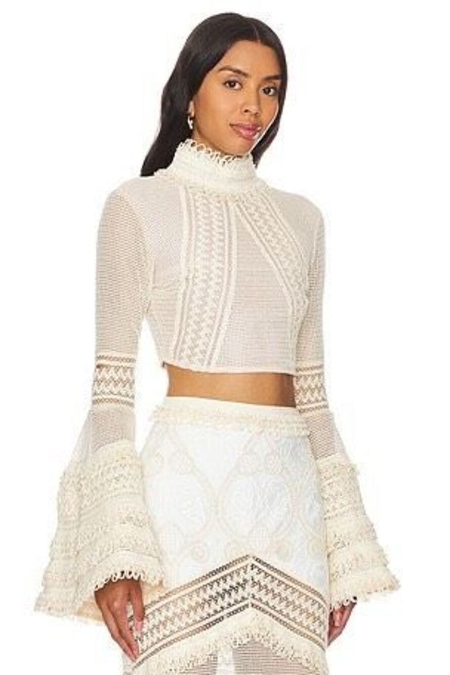 PatBO Size 6 Wheat Lace Crochet Crop Top Bell Sleeve Fringe High Neck NWT